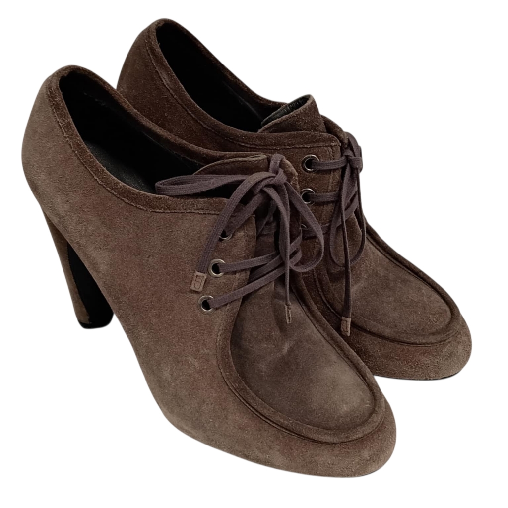 Stuart Weitzman Women's Suede Lace Up Loafer High Heels 3.75" Taupe Size 8